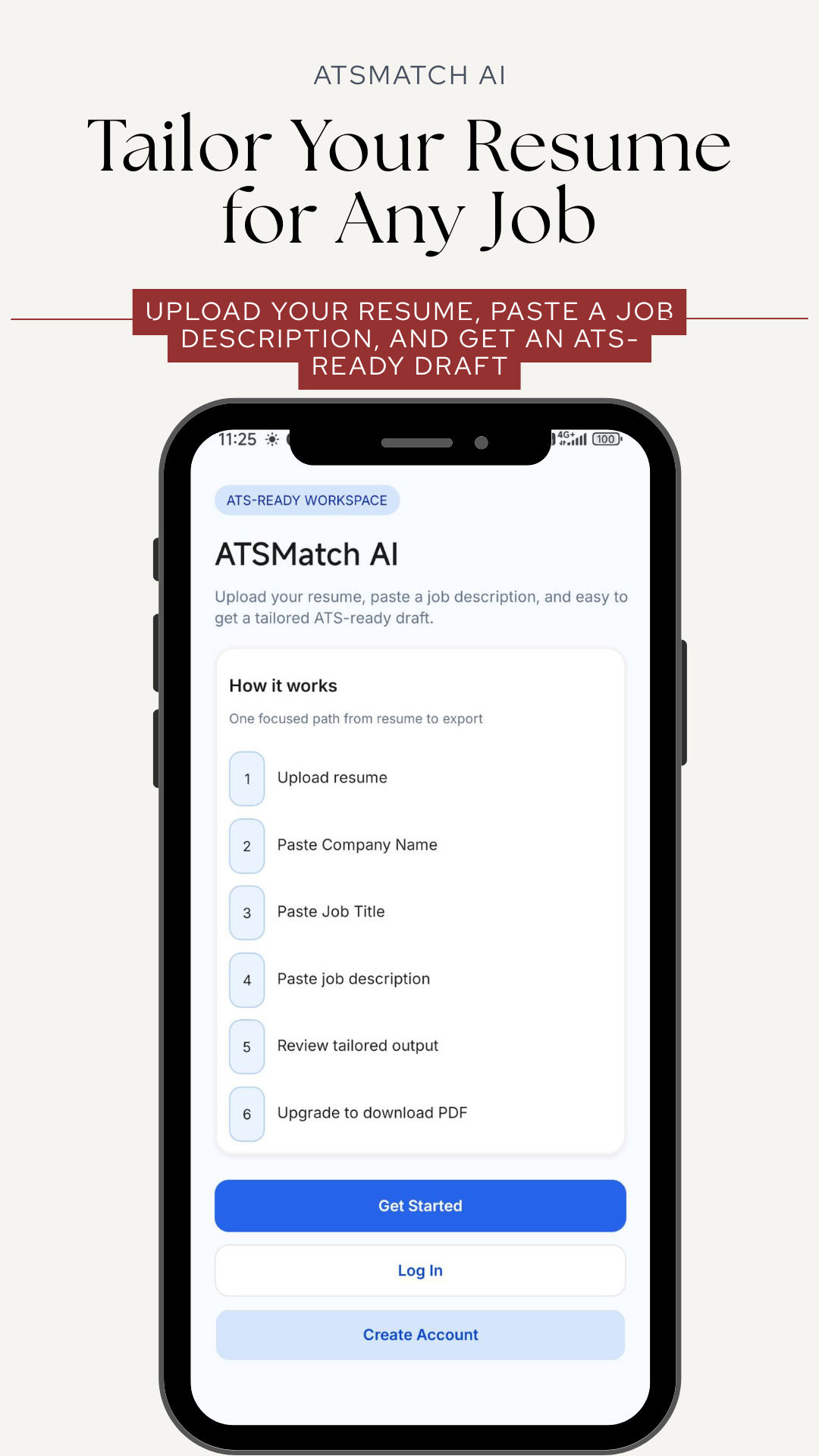 ATSMatch AI resume tailoring workflow shown in Google Play store screenshot