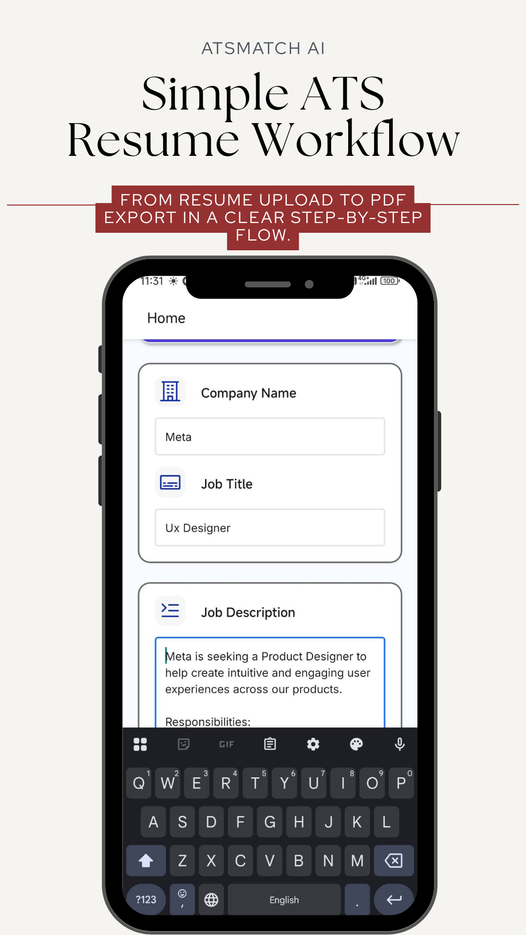 ATSMatch AI job description input workflow shown in Google Play store screenshot