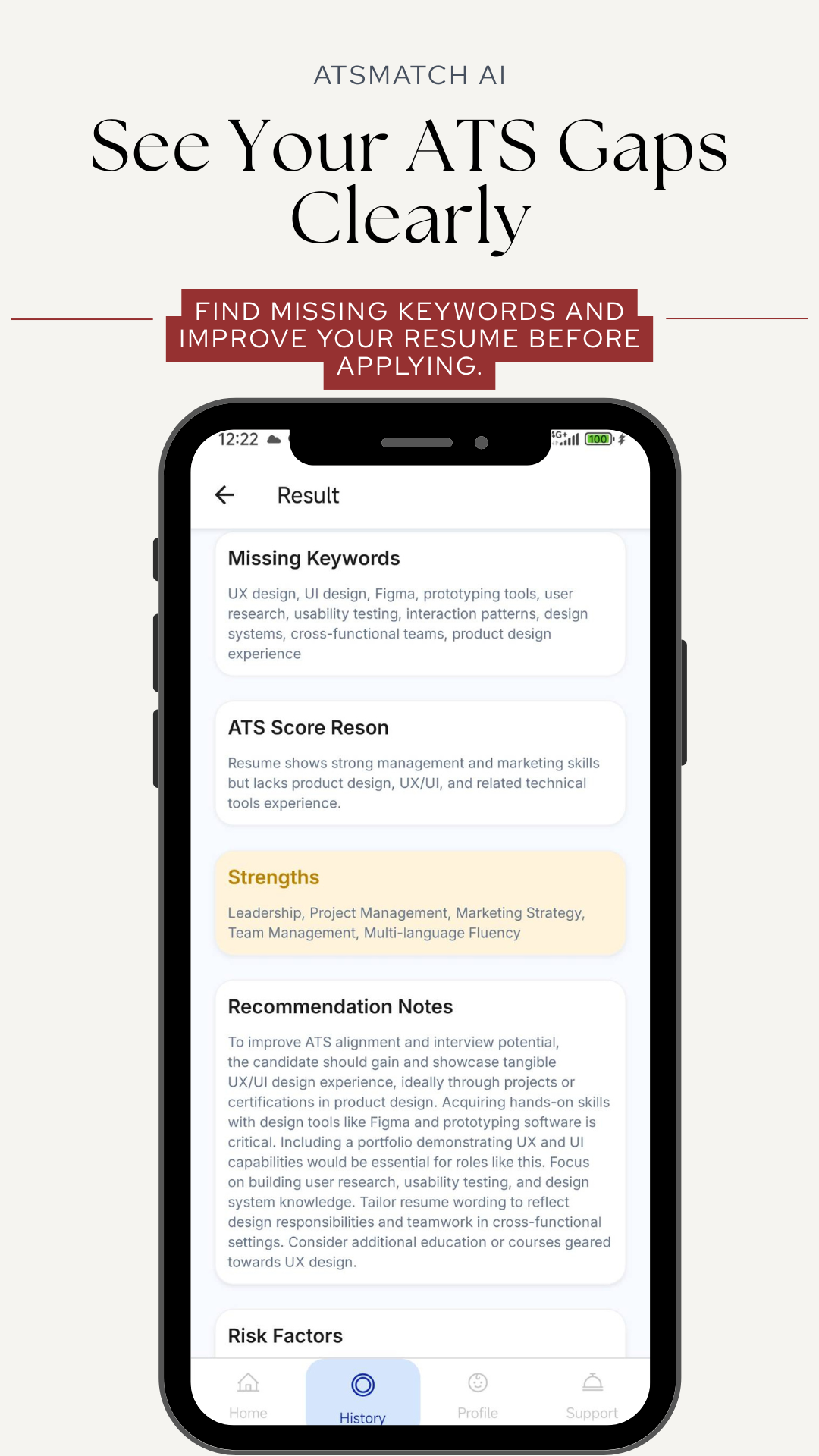 ATSMatch AI missing keyword and recommendation results shown in Google Play store screenshot